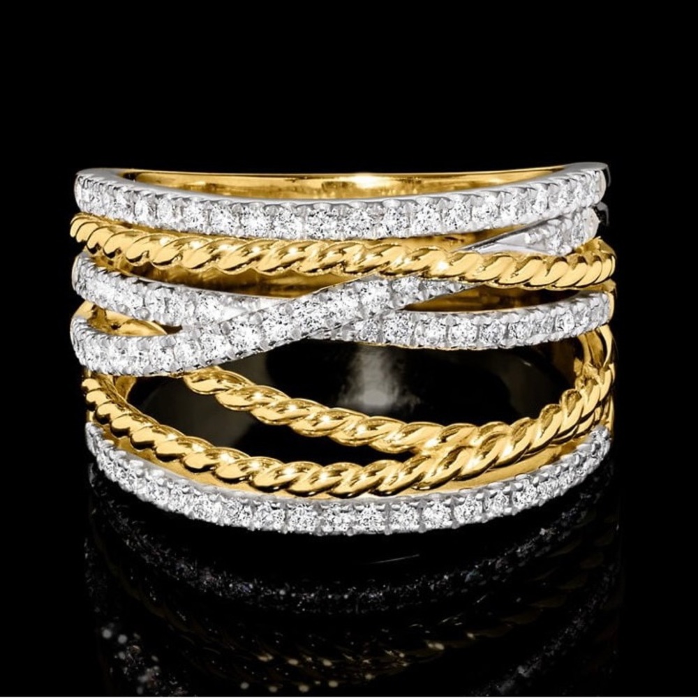 18k Gold over Sterling Silver Multi-Row Twisted Moissanite Ring - 1/2” Band